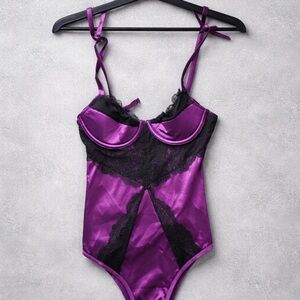 NWT Frederick’s of Hollywood Purple Satin Lace Bodysuit Small Teddy